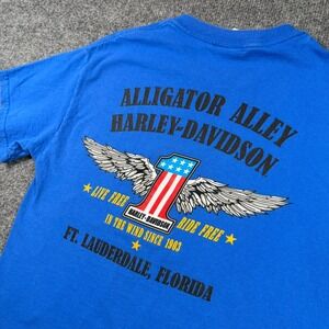 Harley-Davidson Pocket T-Shirt Mens Small Blue Alligator Alley Florida Graphic